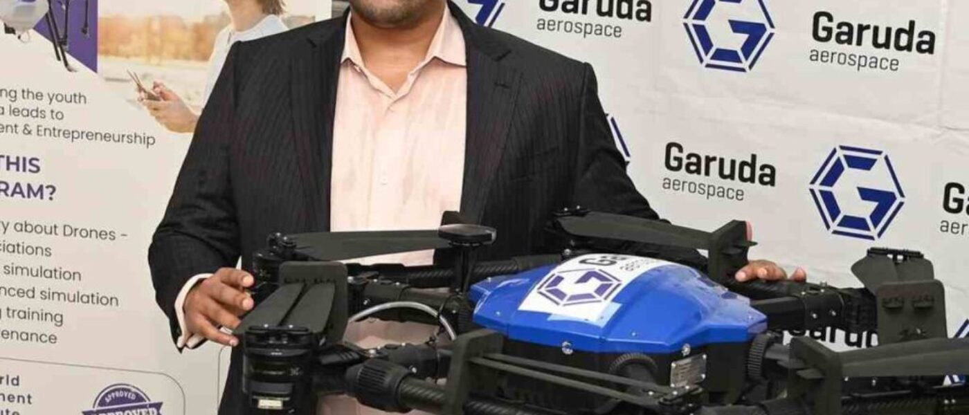 An agricultural drone at a display Drones: Transforming Indian Agriculture.
