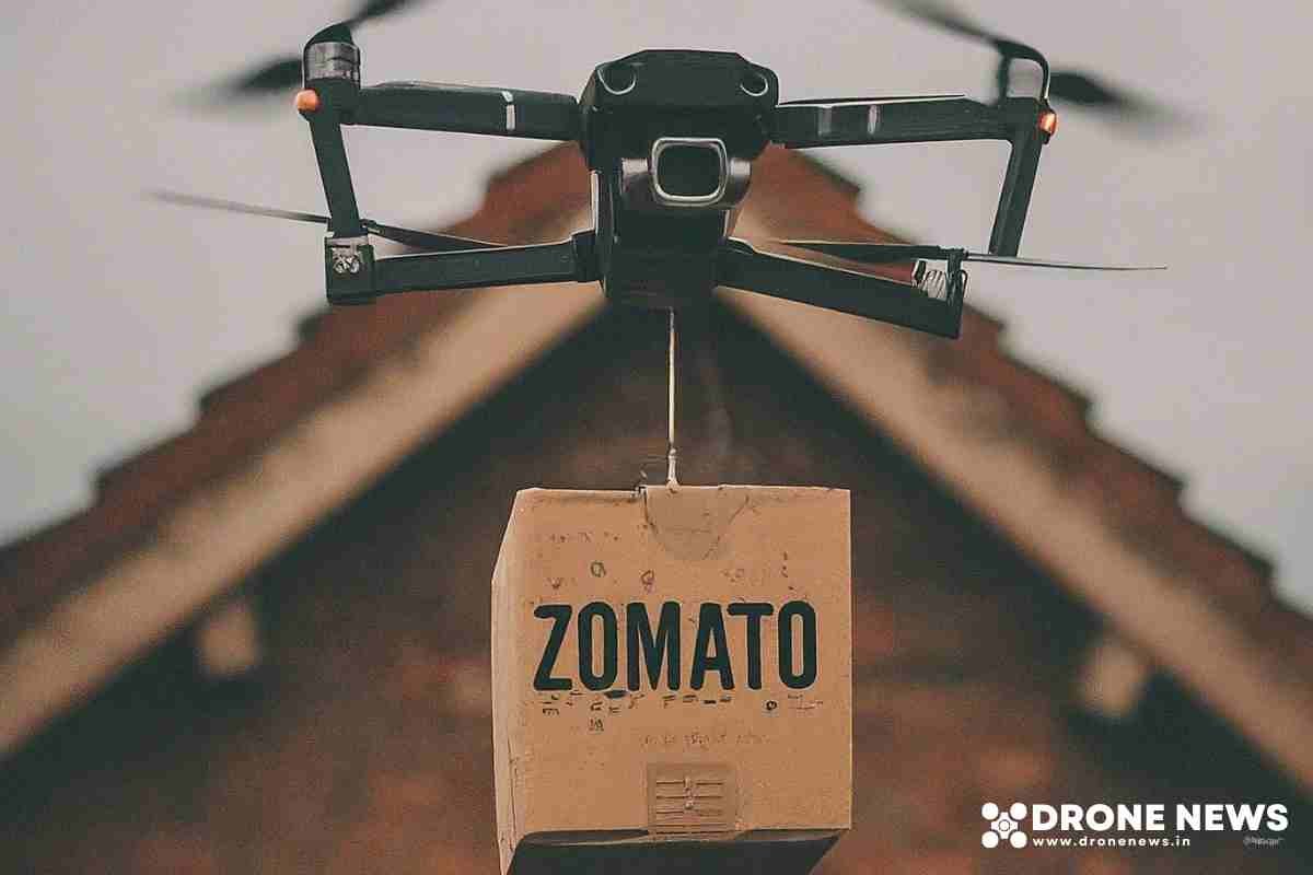 Drone delivering a box of Zomato